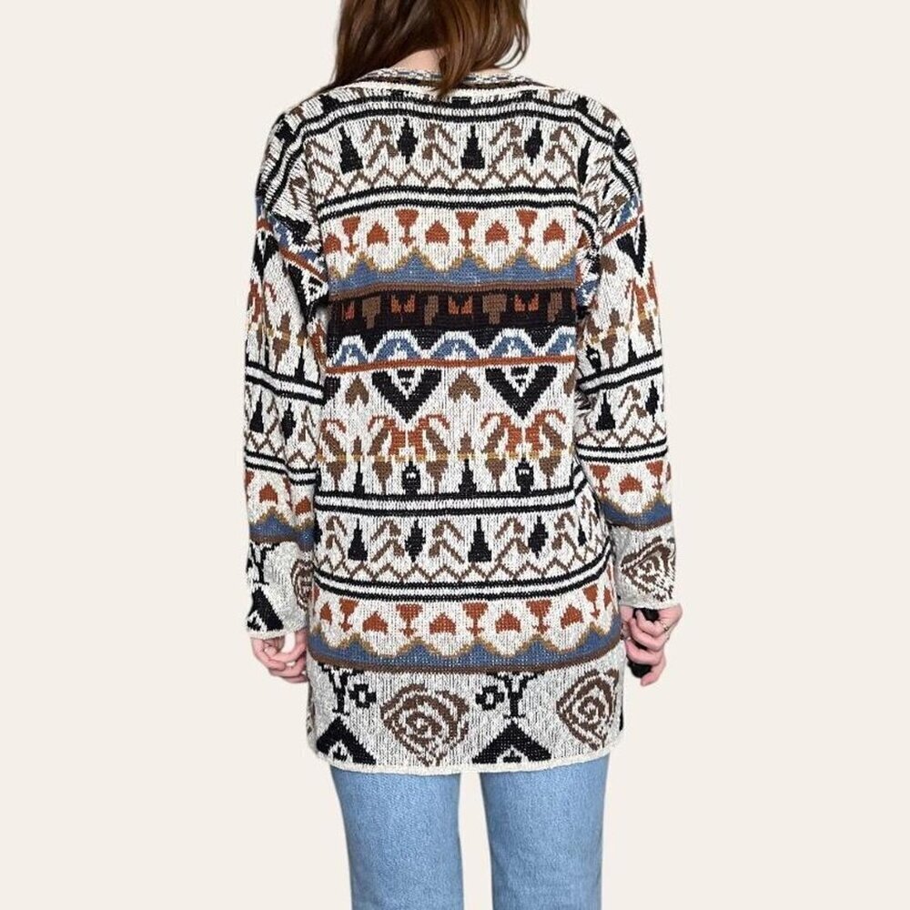 90s vintage multi-patterned neutral knit sweater Croquet Club - Medium - Picture 5 of 7